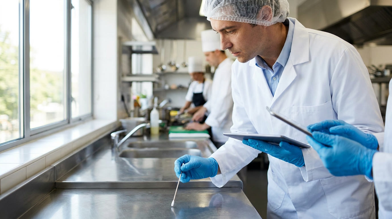 Préleveur Aquatycia réalisant un contrôle d'hygiène de surface en cuisine professionnelle