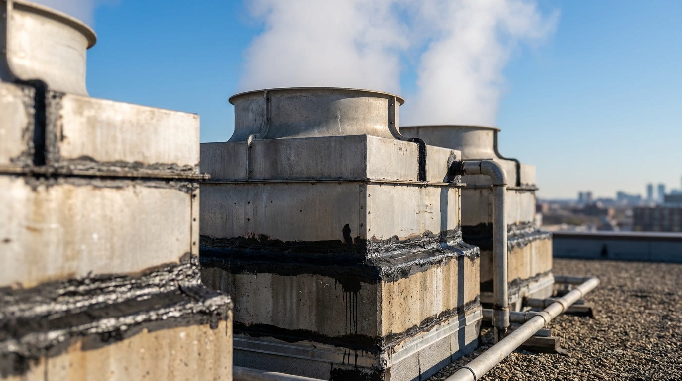 Tour aéroréfrigérante humide sur toiture d'un bâtiment industriel